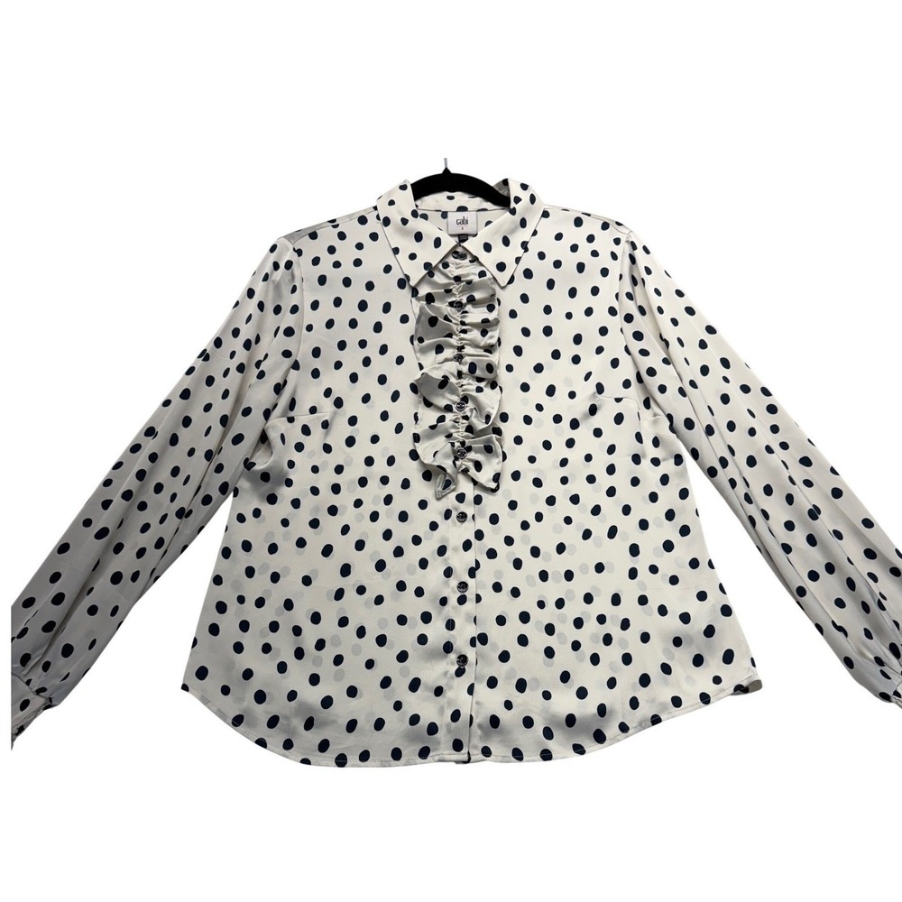 Cabi Polka Dot Ruffle Smocked Cuff Blouse Women S White Black